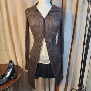 52 Weekends Y2K Brown Ribbed Long Cardigan M Duster Collared Button Front